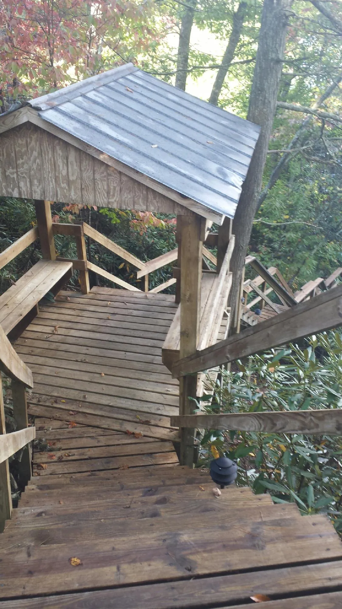 Metal roofed shelter over wooden steps on a wooded walkway — Skylight Repair & Installation work by our crew in Mattoon